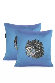 Mezposh Dazzle Air Force Blue & Metallic Quirky Embellished Faux Silk Cushion Covers (16x16)  Set of 2