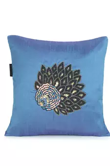 Mezposh Dazzle Air Force Blue & Metallic Quirky Embellished Faux Silk Cushion Covers (16x16)  Set of 2