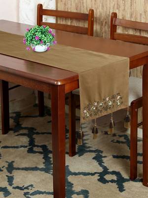 Mezposh Dazzle Camel Brown & Copper Floral Embellished Suede Table Runner (6 Seater) 1