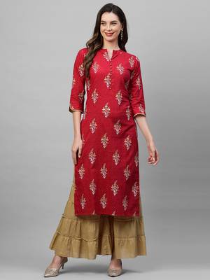 Indo Era Red Foil Printed Straight Kurtas 1