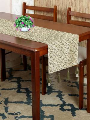Mezposh Dazzle Beige & Olive Floral Embroidered Faux Silk Table Runner (6 Seater) 1