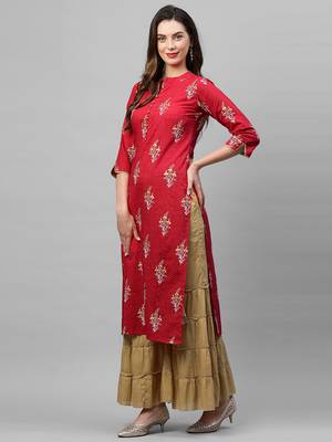 Indo Era Red Foil Printed Straight Kurtas 3