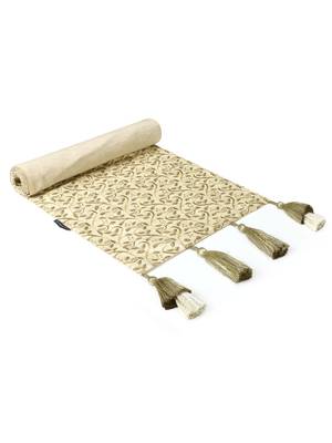 Mezposh Dazzle Beige & Olive Floral Embroidered Faux Silk Table Runner (6 Seater) 4
