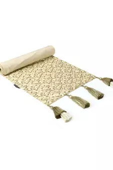 Mezposh Dazzle Beige & Olive Floral Embroidered Faux Silk Table Runner (6 Seater)
