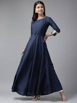 Indo Era Navy Blue Solid A-line Kurtas 1