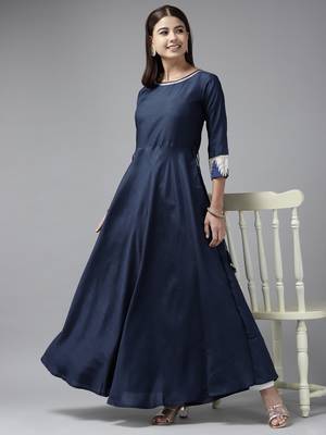 Indo Era Navy Blue Solid A-line Kurtas 3
