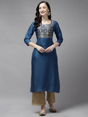 Indo Era Blue Solid Straight Kurta 1