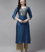 Indo Era Blue Solid Straight Kurta