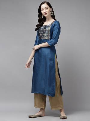Indo Era Blue Solid Straight Kurta 3