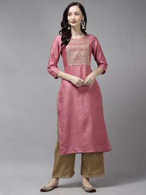 Indo Era Pink Solid Straight Kurta 1