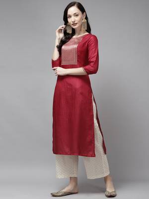 Indo Era Maroon Solid Straight Kurta 3