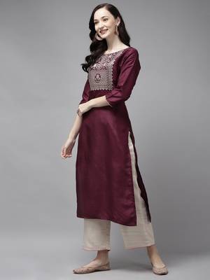 Indo Era Wine Solid Straight Kurta 3