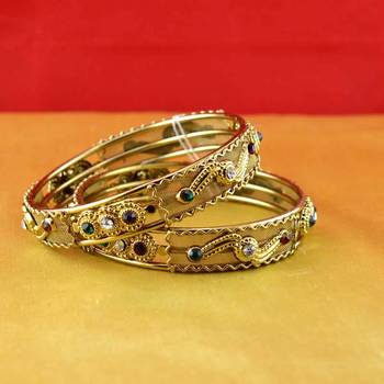 Gold Moti Stone Cz Polki Kundun Meenakari Pearl Bangle Kara 1