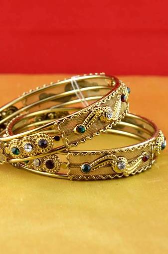 Gold Moti Stone Cz Polki Kundun Meenakari Pearl Bangle Kara