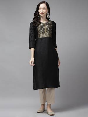 Indo Era Black Solid Straight Kurta 1