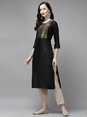 Indo Era Black Solid Straight Kurta 3