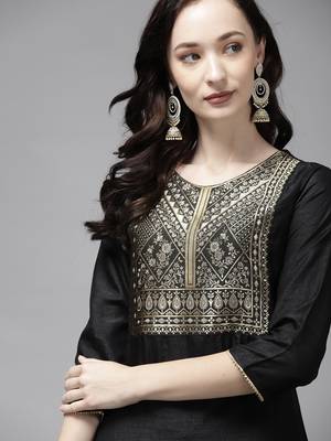 Indo Era Black Solid Straight Kurta 4