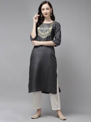 Indo Era Grey Solid Straight Kurta 1