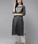 Indo Era Grey Solid Straight Kurta