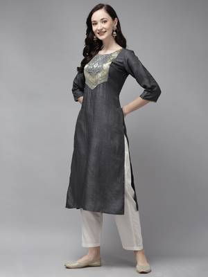 Indo Era Grey Solid Straight Kurta 3