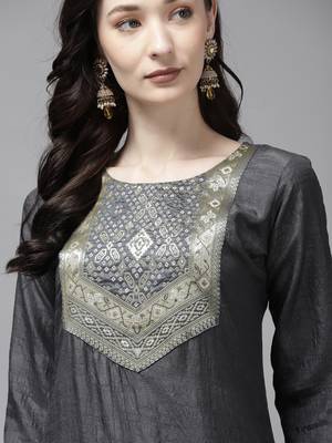 Indo Era Grey Solid Straight Kurta 4