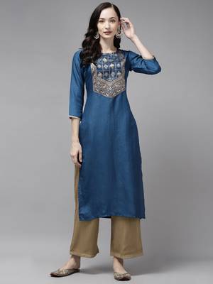 Indo Era Blue Solid Straight Kurta 1