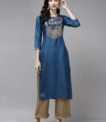 Indo Era Blue Solid Straight Kurta