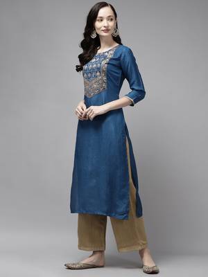 Indo Era Blue Solid Straight Kurta 3