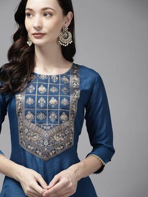 Indo Era Blue Solid Straight Kurta 4