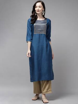 Indo Era Blue Solid Straight Kurta 1