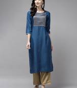 Indo Era Blue Solid Straight Kurta