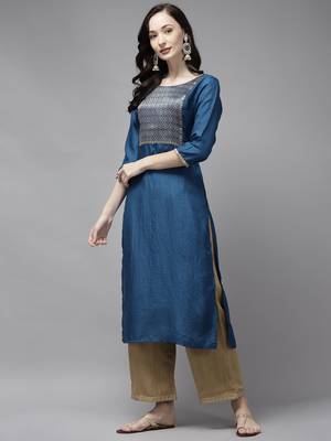 Indo Era Blue Solid Straight Kurta 3