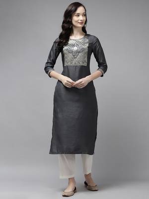 Indo Era Grey Solid Straight Kurta 1