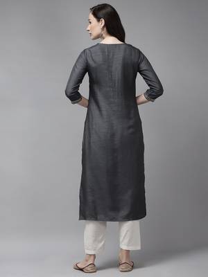 Indo Era Grey Solid Straight Kurta 2
