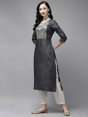 Indo Era Grey Solid Straight Kurta 3