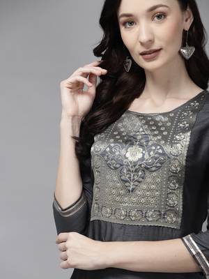 Indo Era Grey Solid Straight Kurta 4