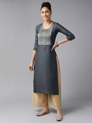 Indo Era Grey Solid Straight Kurta 1
