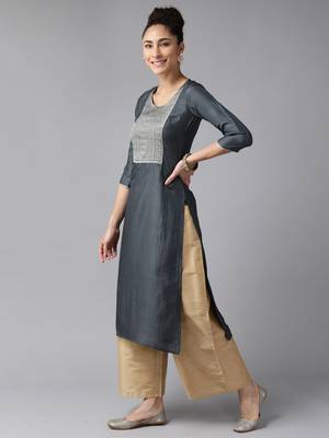 Indo Era Grey Solid Straight Kurta 3