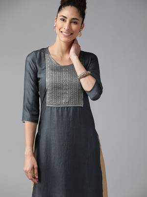 Indo Era Grey Solid Straight Kurta 4