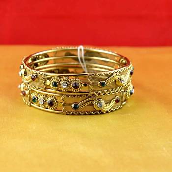 Gold Moti Stone Cz Polki Kundun Meenakari Pearl Bangle Kara 2