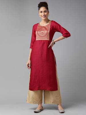 Indo Era Maroon Solid Straight Kurta 1