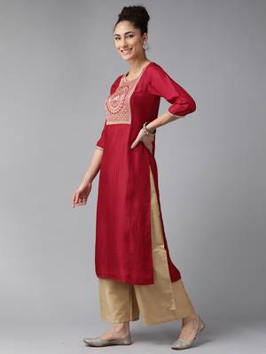 Indo Era Maroon Solid Straight Kurta 3