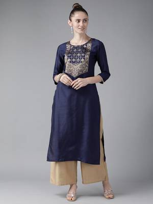 Indo Era Navy Solid Blue Straight Kurta 1