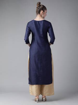 Indo Era Navy Solid Blue Straight Kurta 2