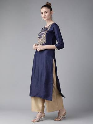 Indo Era Navy Solid Blue Straight Kurta 3