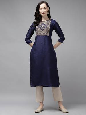 Indo Era Navy Solid Blue Straight Kurta 1