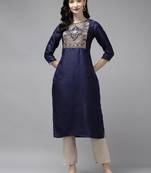 Indo Era Navy Solid Blue Straight Kurta