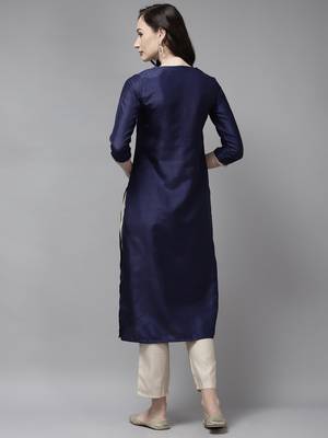 Indo Era Navy Solid Blue Straight Kurta 2