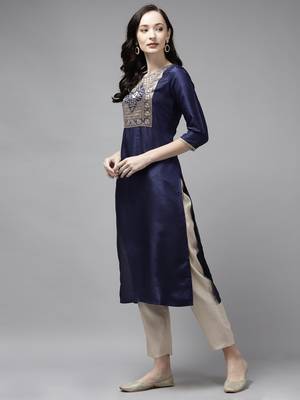Indo Era Navy Solid Blue Straight Kurta 3