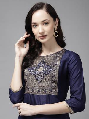 Indo Era Navy Solid Blue Straight Kurta 4
